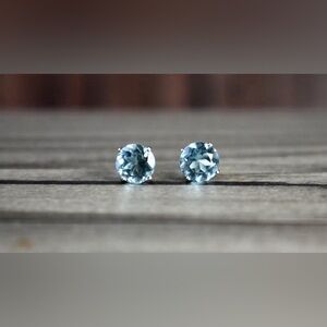 NEW March Birthstone Earrings, Aquamarine brilliant cut studs set in 14k gold.